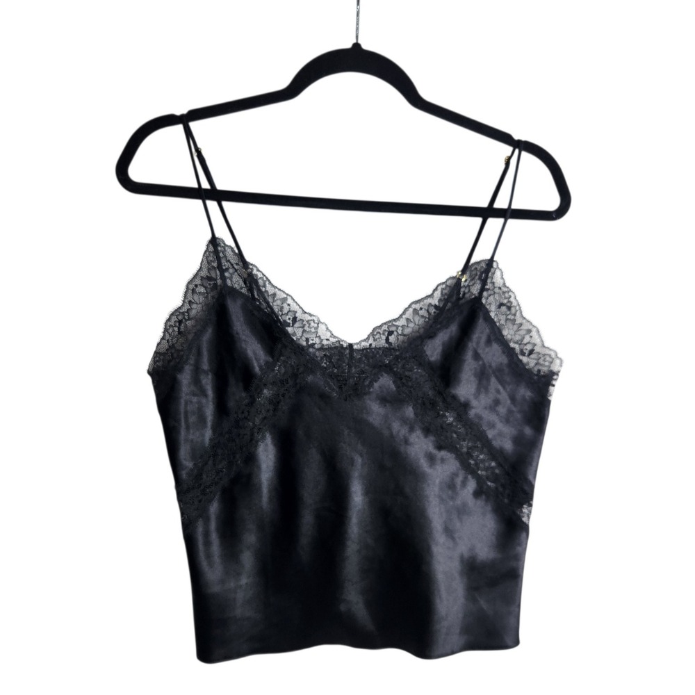 Victoria's Secret Black Satin Lace Trim Camisole Top Adjustable Straps Size M